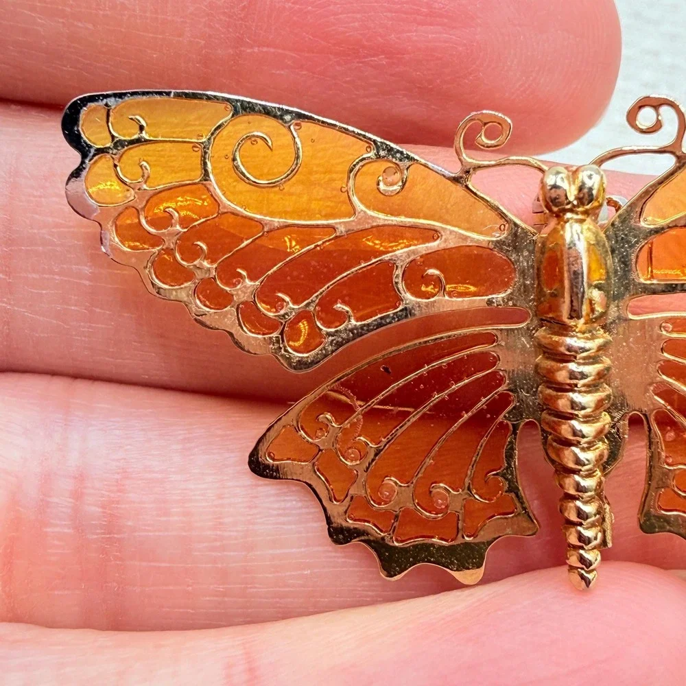 Vintage 70s Avon Orange Yellow Butterfly Wings w/ Stained Glass Effect Brooch